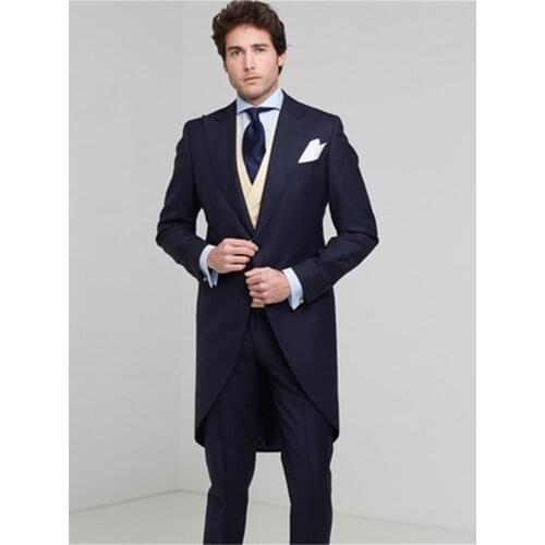 Custom Made Mens Suits Navy Blue Men Suits Wedding Retro Tailcoat Vintage Best Men Blazer Handsome Groom Suit Formal 3 Piece