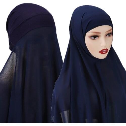 Solid Color Bubble Chiffon Head Scarf For Women Fashion Soft Muslim Hijab With Bonnet Modesty Turban Ca p Head Cover Wrap Sets