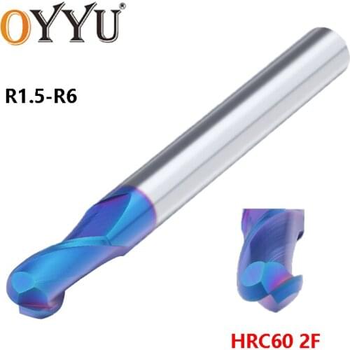 OYYU Blue Nanometer Tungsten Steel Extended Ball Nose Router Bit HRC60 2 Flute Coated End Mills 75 100 150L Milling Cutter R1.5