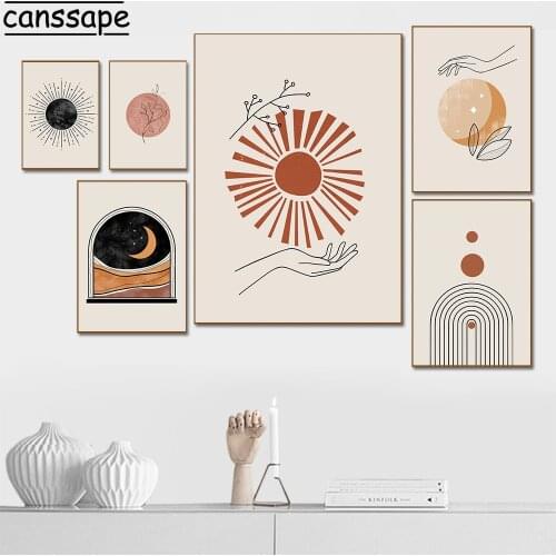 Boho Celestial Hand Line Wall Art Mid Century Abstract Sun Moon Poster Beige Orange Canvas Print Nordic Wall Pictures Room Decor
