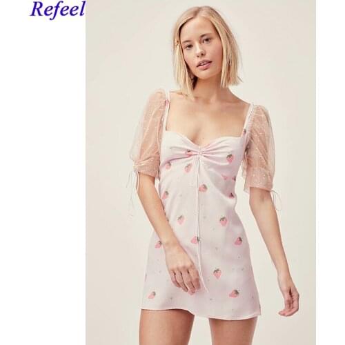 Forlove Shortcake Puff Sleeve Dress with Race and Straps A Line Short Sleeve Slim Zip Backless Square Neck Mini Dress For Girls