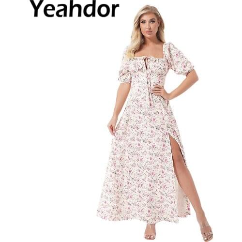 Women Fashion Dresses Casual Streetwear Square Neck Floral Print Split Summer Beach Party Puff Sleeve Lace-up Front Dress