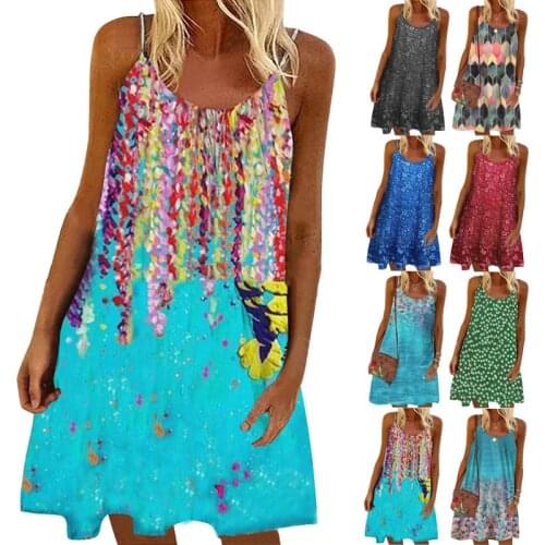 Print Floral Vintage Dress Womens Summer V-Neck Spaghetti Strap A-line Beach Dress Casual Off Shoulder Party Dresses Plus Size