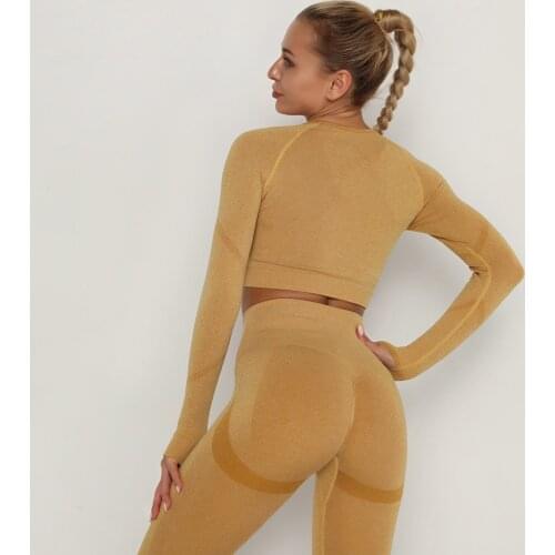 Women Vital Seamless Yoga Set Gym Clothing Fitness Sports Suits Long Sleeve Crop Top Shirts High Waist Workout Running Leggings