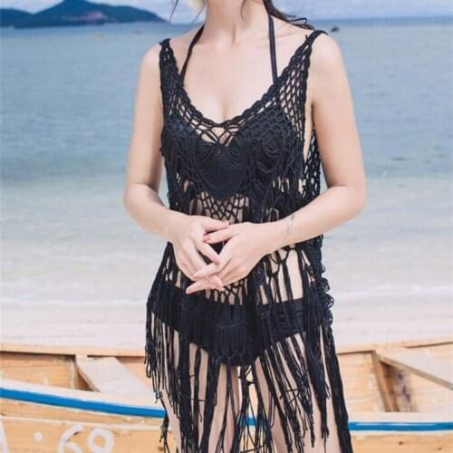 Women Brazilian Bikini cover Ups Swim Bathing Suit Solid Black Crochet Tassel Bikini Tassel Hollow Swimwear Cover Up Beach Dress
