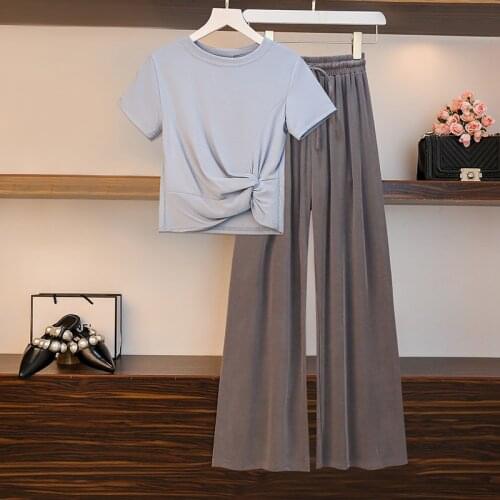 Large size women two piece set 2021 summer new style Dresy Damskie pure color pullover top casual wide leg pants T shirt suit