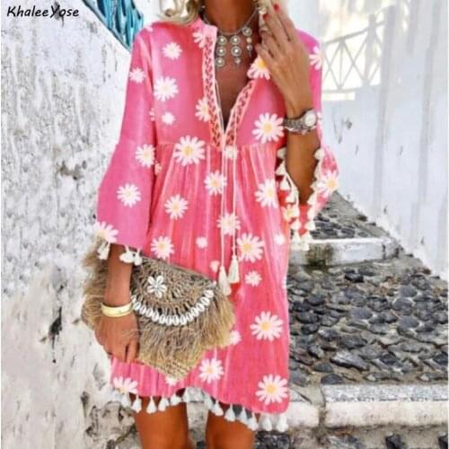 KHALEE YOSE Plus Size Floral Print Mini Dress Autumn Women Vintage Chic Casual Dresses Long Sleeve Tassels Holiday 2XL 3xl Dress