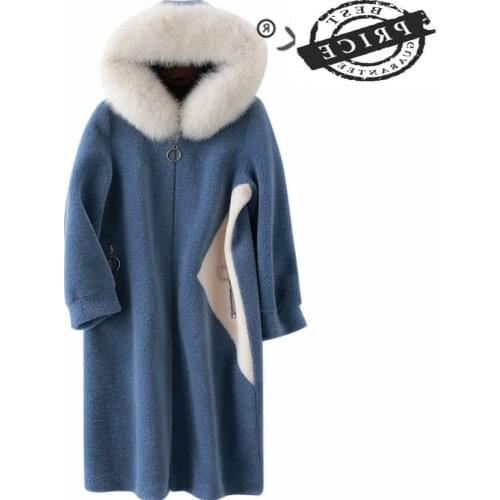 Real Fur Coat Female Winter Sheep Shearing Jacket + Large Fox Fur Hooded Koran Real Wool Coat Thick Waem Jacket B1aF2350a