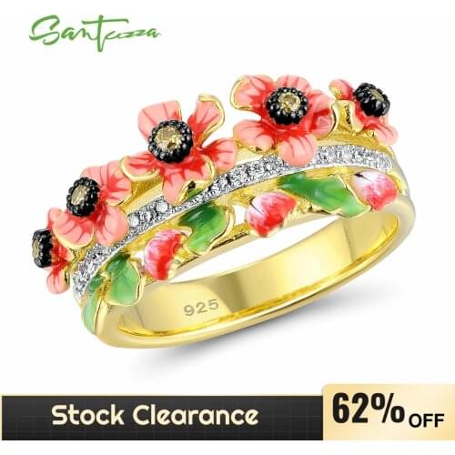 SANTUZZA Silver Ring For Women 925 Sterling Silver Glamorous Orange Flowers Shimmering Yellow CZ Fashion Jewelry Handmade Enamel
