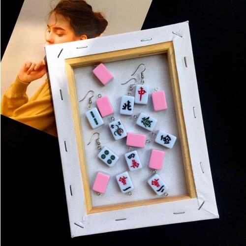 1pair Funny DIY Mini Simulation Chinese Mahjong Dangle Earrings Lovely Pink Blue Green Drop Earrings Women New Fashion