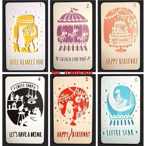 6pc Happy Birthday Painting Template DIY Scrapbook Embossing Coloring Album Decor Cake Childrens Drawing Office School Supplies