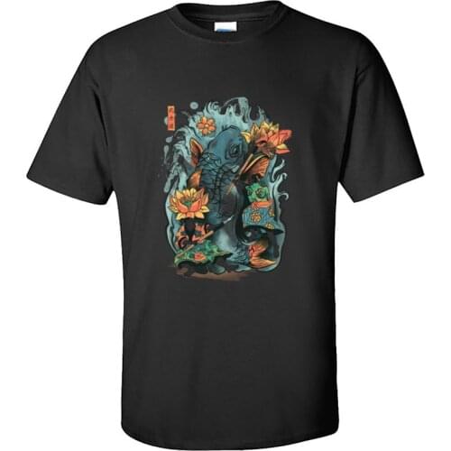 Design Japanese Samurai Lotus Koi Men T Shirts Free Coupons Watercolor Fish Fashion Black Tshirt 100% Cotton Tops & Tees Homme