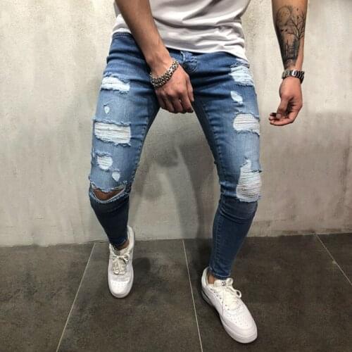 Brand New Mens Denim Jeans, Boys Ripped Hole Tight Fitting Pencil Pants Denim Trousers for Male