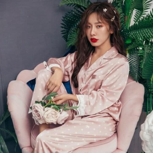 HOUZHOU Womens Pajamas for Girls Home Suit Pyjama Satin Femme Sweetheart Lounge Set Polka Dot Pijamas Mujer Sleepwear Nightgown