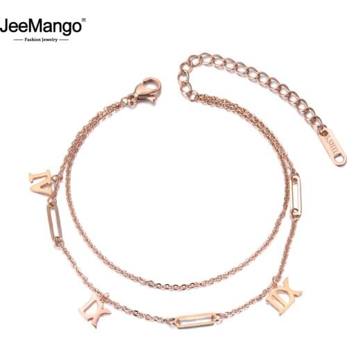 JeeMango Double Layers Roman Numerals Charm Bracelet Jewelry Rose Gold Titanium Steel Chain & Link Womens Bracelet JB19050