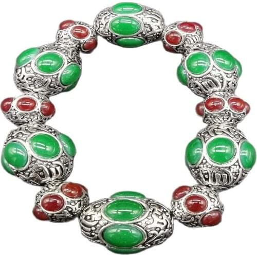 China Old Tibetan Silver Inlaid Green Red Colour Jade Bead Hand String Bracelet