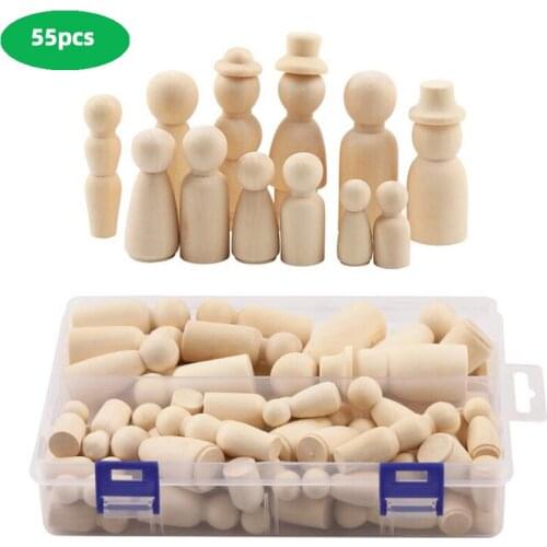 55pcs Creative Wooden Peg Dolls Toy People Manual Painting Dolls Crafts Graffiti Unfinished Solid Wood DIY Accessories Craft