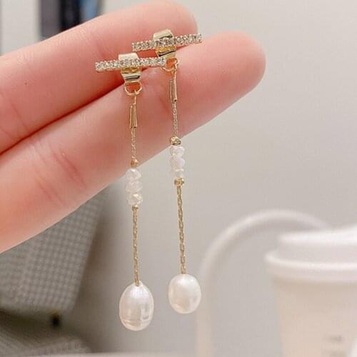 Korea Fashion Jewelry Simple A Two-wearing Freshwater Pearl Stud Earrings for Woman Shine Holidya Daily Crystal Earring