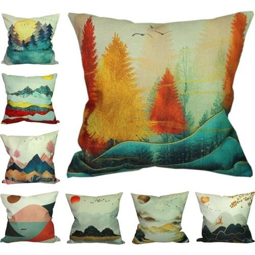 CURCYA Landscape Cushion Cover Scenic Mountain Sun Tree Deer Decorative Throw Pillow Cover 45x45cm Office Living Room Pillowcase