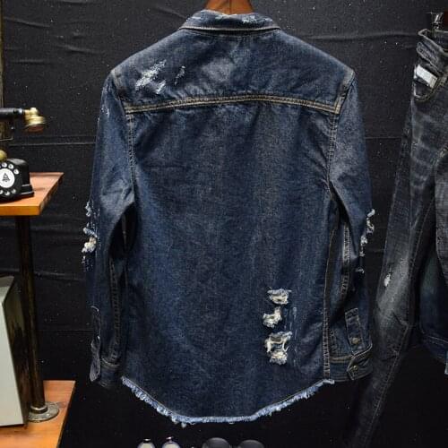 Camisa Masculina Spring Fasahion Mens Shirt Casual Slim Fit Blouse Hip Hop Hole Ripped Jeans Shirts Man Long Sleeve Blusas