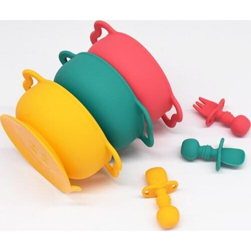 Silicone Baby Feeding Bowl Set Waterproof Child Dishes Suction Bowl With Ear Handle Baby Bowl Wood Spoon Non-Slip Tableware Set