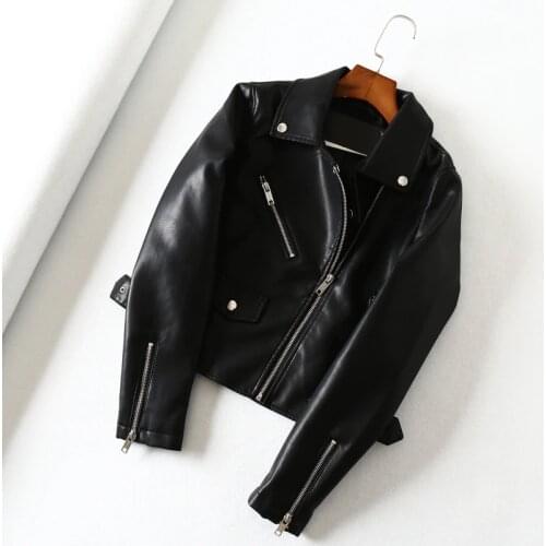 New Spring Women Pu Motorcycle Soft Leather Jacket Rivet Zipper Turndown Collar Female Black Autumn Coat Faux Leather Jacket