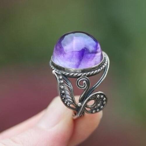 Ofertas Vintage Purple Crystal Anicent Silver Color Leaves Branch Alloy Rings for Women Party Birthday Jewelry Accessories
