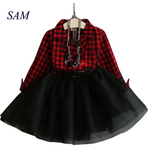 2021 Autumn Plaid Girls Dress Princess Stitching Mesh Ball Gown Dress for Childrens Kids Turn-down Collar Dresses Clothes