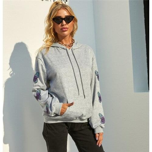 Casual Women Hoodies Fashion Autumn Winter Butterfly Print Sweatshirt Hoodies Printed Long Sleeve Tops Gray Women Streetwear Top