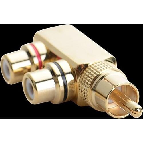 RCA Splitter,RCA Male to 2 RCA Female Right Angle Plug Splitter Adapters M/F Gold-Plated Metal Connector,gold