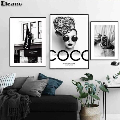 Retro Black and White Picture Coco Perfume Bottle Lipstick Canvas Printing Poster HD Living Room Wall Home Decoration Painting