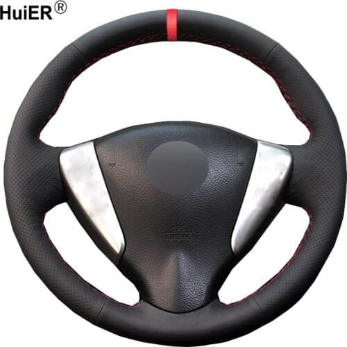 HuiER Hand Sewing Car Steering Wheel Cover Red Marker For Nissan Tiida Sylphy Sentra Versa Note 2014-2017 Breathable Car Styling