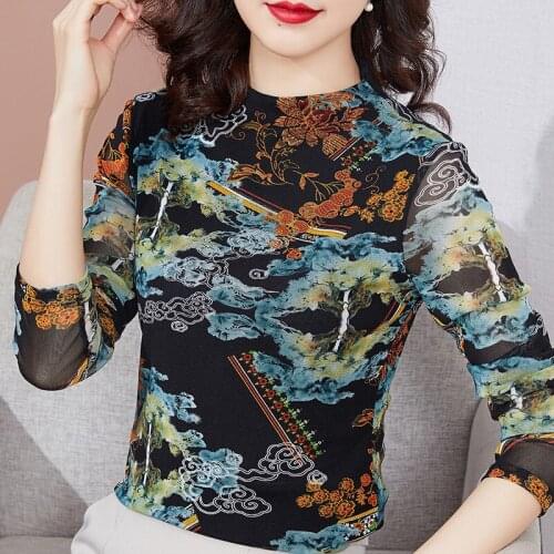 Mesh Bottoming Shirt Women Autumn Long-sleeved T-shirt Middle-Aged Mother Clothing New 2021 M-4XL Plus Size Tops