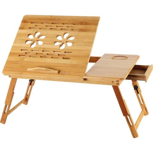 Adjustable Bamboo Laptop Desk Students Dormitory Bed Desk Folding Portable Laptop Table With Cooling Hole With Drawer 50*30 CM