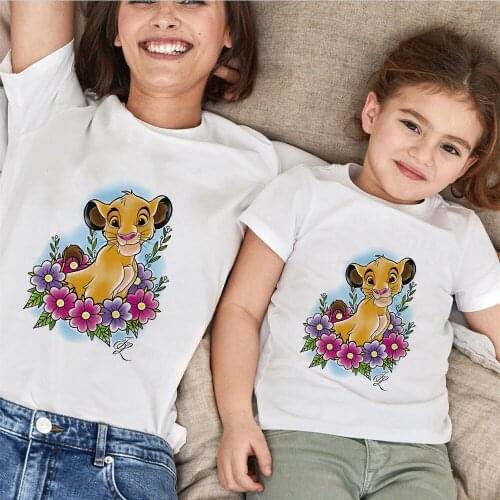 Tees Women T Shirt The Lion King Print T-shirt Casual White Short Sleeve Baby Girls Tops Summer Brand Family Matching Clothes