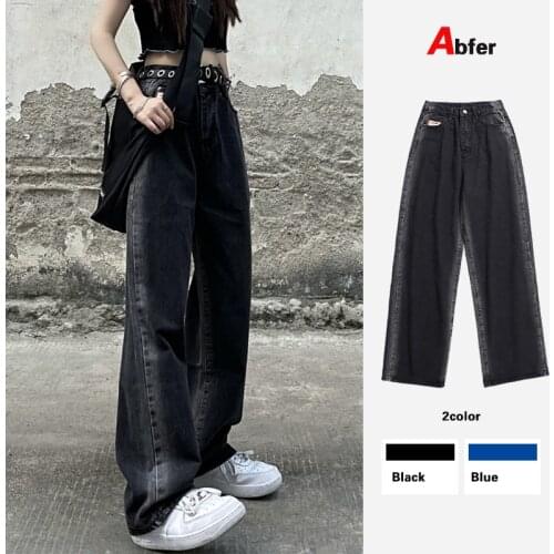 Abfer 5XL Plus Size Womens Korean Fashion Stripe Baggy Skater Jeans Boyfriend Wide Leg Pants Loose High Waisted Denim Trousers