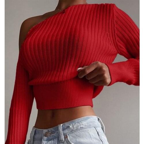 Sexy Off Shoulder Female Sweater Autumn Fashion Solid Color Knit Pullover Sweaters Women Casual Long Sleeve Crop Tops Streetwear