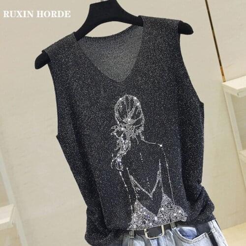 Vest Bright Silk 2021 Summer Girl Clothing Diamond Camisole Korean Version V-Neck Loose Sleeveless Knit Bottoming Beautiful Top