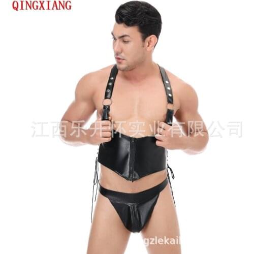 2020 M-2XL Fashion Faux Leather Men Night Club Sexy Lingerie Fitness Zipper Front Rivet Halter Open Chest Vest With T Panties