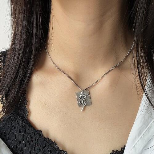 925 Sterling Silver Womens Necklace Retro Thai Silver Square Brand Letter Pendant Rose Flower Necklace Simple Party Jewelry