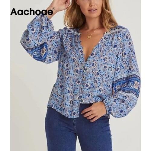 Aachoae Women Bohemian Floral Printed Blouses Vintage Lantern Long Sleeve Buttons Shirt Ladies O Neck Casual Tops Blusas