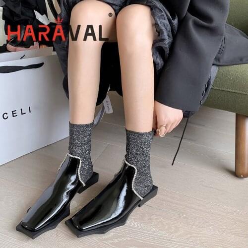 HARAVAL Women Fashion Ankle Boots Motorcycle Shoes Elegant Strange Style Solid Square Toe Black Sewing Spring Autumn Shoe E362L