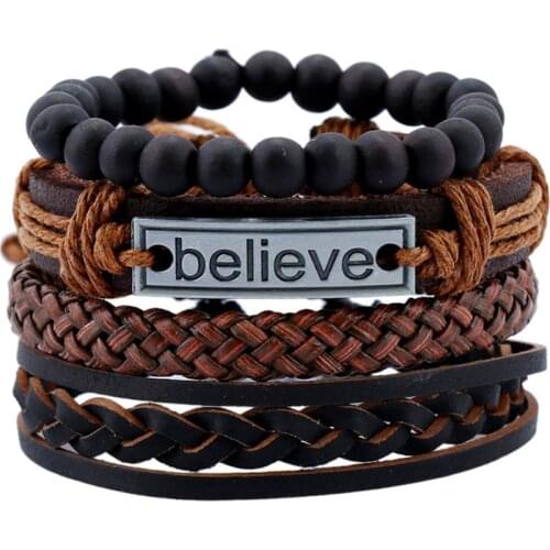 Believe Black Vintage 4 Pcs/set Handmade Wooden Beads Strand Men Brown Leather Men Bracelets For Women Homme Femme Jewelry