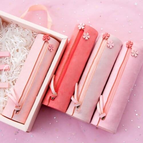 Sakura Pen Holder Stationery Box Schoolgirl Stationery Student Suede Material Pink Pencil Case Back To School Kawaii Bag Kawaii