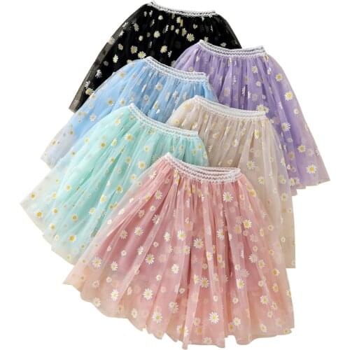 Childrens Girls Midi Tulle Skirt Cute Girls Daisy Print Elastic Waist 3-Layer Tutu Skirt Summer Kids Casual Skirts