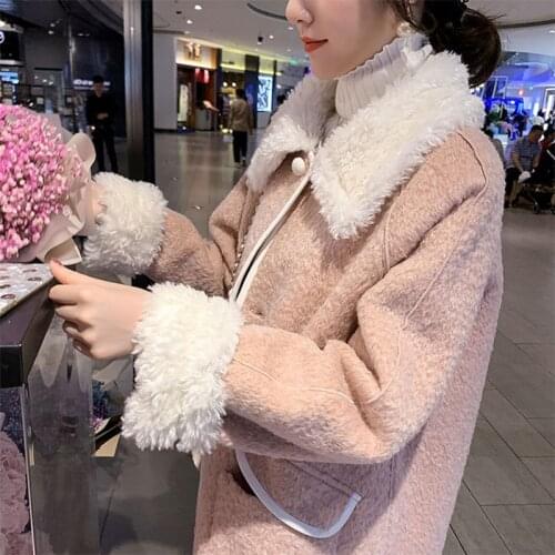 Hstar Long Women Soft Imitation Lambs Wool Coats Sweet Pocket Design Overcoat Woman Turn Down Collar Outerwear Wool Jacket