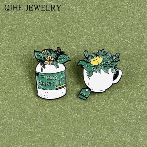 Green Plant Pins Drugs for Happy Life Brooches Bottle Cup Leaf Enamel Pin For Women Men Backpack Lapel Badge Jewelry Gift