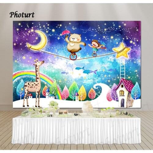 PHOTURT Fantasy Fairy Tale World Photography Background Kids Birthday Backdrop Bear Moon Rainbow Banner Blue Sky Photo Props