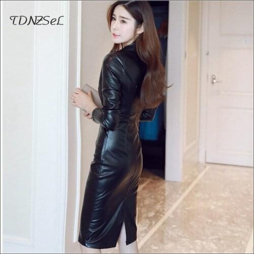 Vintage PU Leather Dress Long Sleeve Women Elegant Midi Dresses Slim Stretch Ladies Black Dress Hems Split Fashion Autumn New