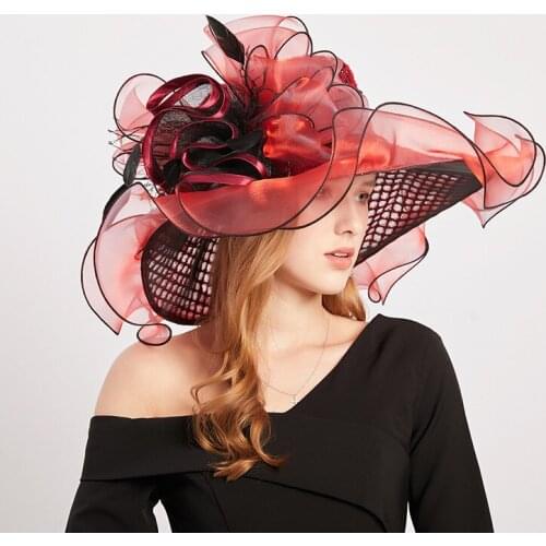 Summer Flower Ladies Hats Large Wide Brim Fedora Hat Organza Hat Beach Sun Hat